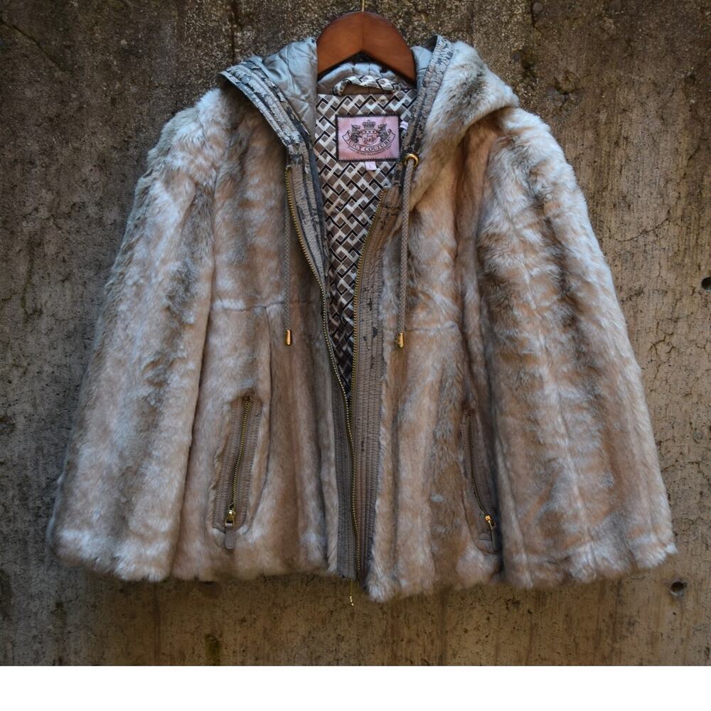 Distressed Juicy Couture Faux Fur Hooded Jacket Beige Brown Size Large